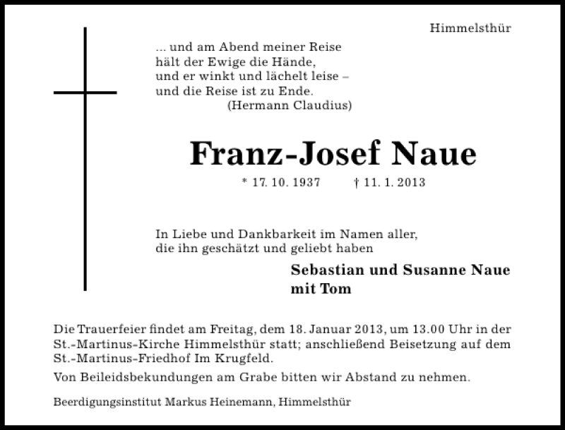  Traueranzeige für Franz-Josef Naue vom 15.01.2013 aus Hildesheimer Allgemeine Zeitung