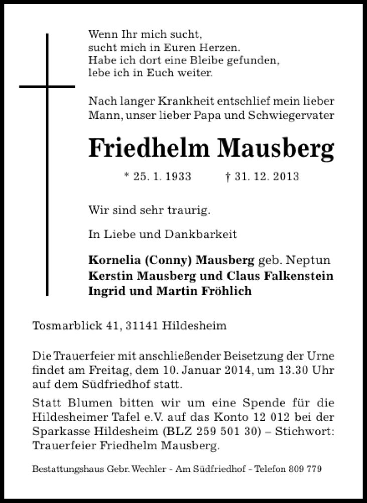  Traueranzeige für Friedhelm Mausberg vom 04.01.2014 aus Hildesheimer Allgemeine Zeitung