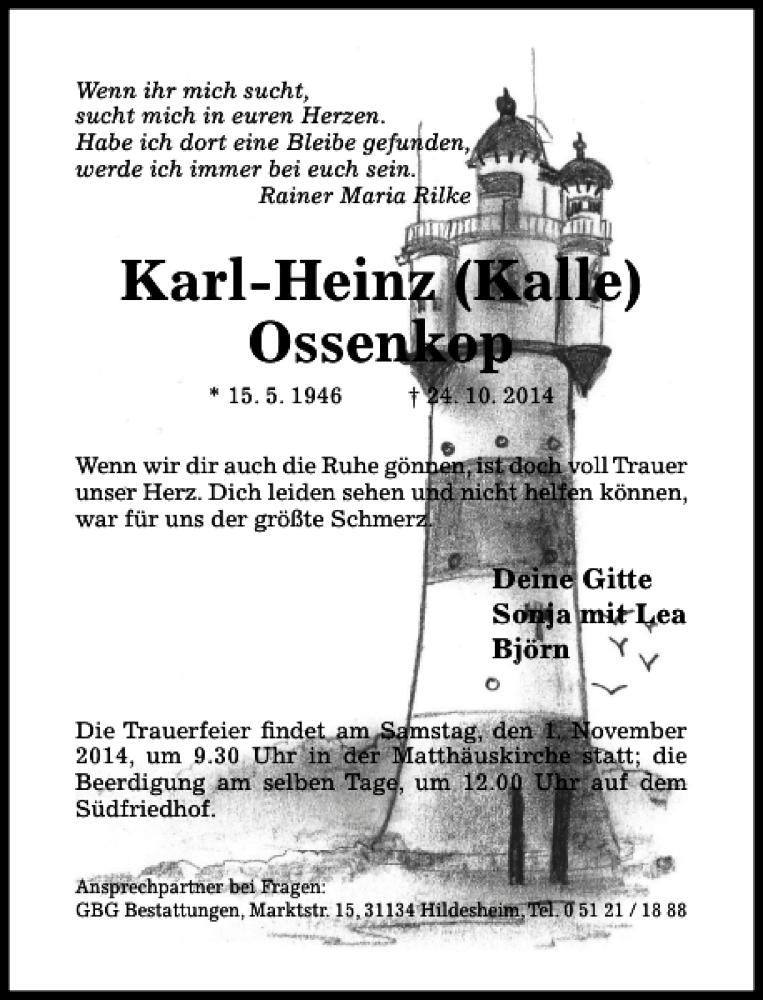  Traueranzeige für Karl-Heinz Kalle Ossenkop vom 29.10.2014 aus Hildesheimer Allgemeine Zeitung