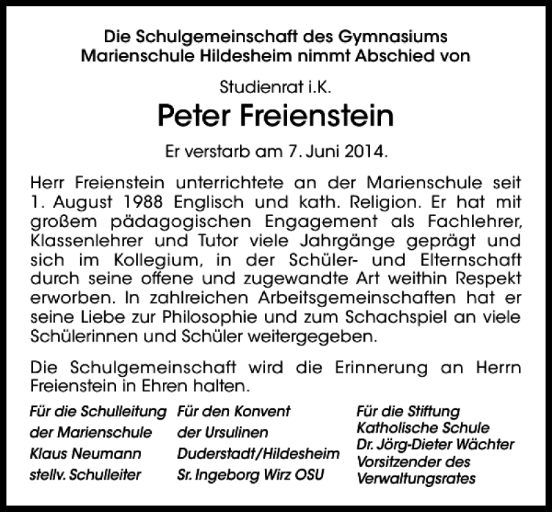  Traueranzeige für Peter Freienstein vom 13.06.2014 aus Hildesheimer Allgemeine Zeitung