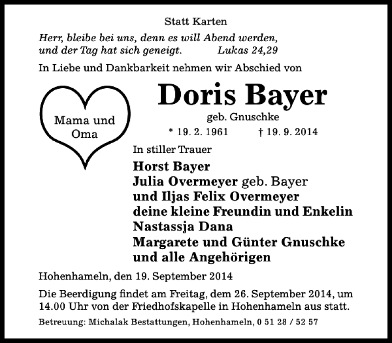  Traueranzeige für Doris Bayer vom 24.09.2014 aus Hildesheimer Allgemeine Zeitung