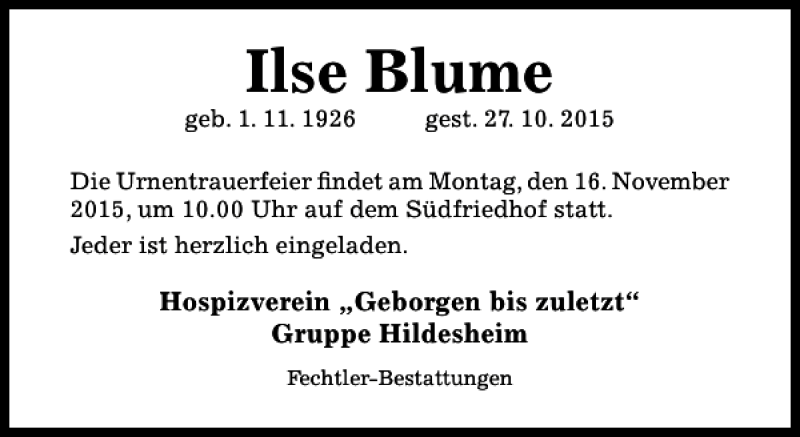 Traueranzeigen Von Ilse Blume Trauerportal Hildesheimer Allgemeine