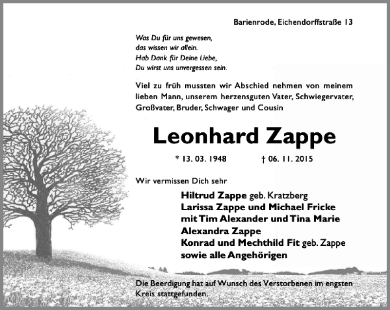  Traueranzeige für Leonhard Zappe vom 14.11.2015 aus Hildesheimer Allgemeine Zeitung
