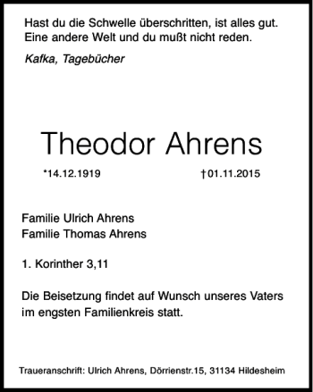 Traueranzeigen Von Theodor Ahrens Trauerportal Hildesheimer