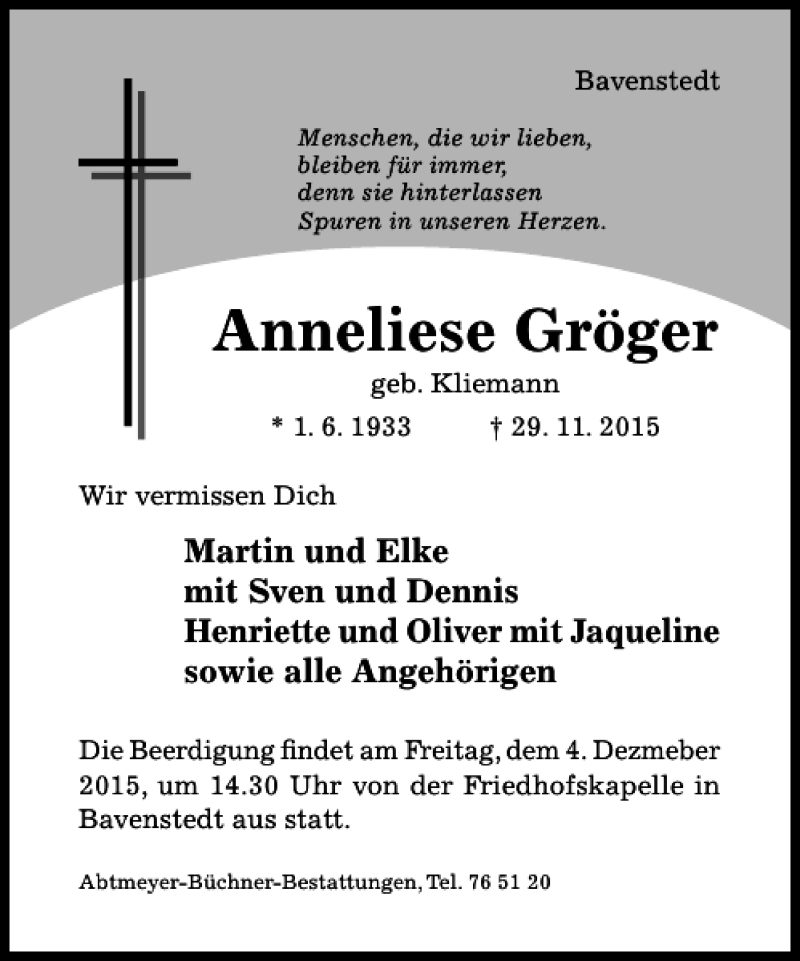  Traueranzeige für Anneliese Gröger vom 02.12.2015 aus Hildesheimer Allgemeine Zeitung