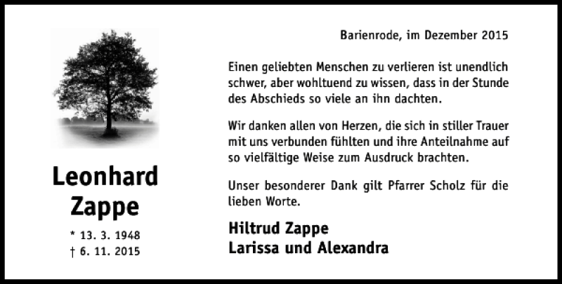  Traueranzeige für Leonhard Zappe vom 12.12.2015 aus Hildesheimer Allgemeine Zeitung