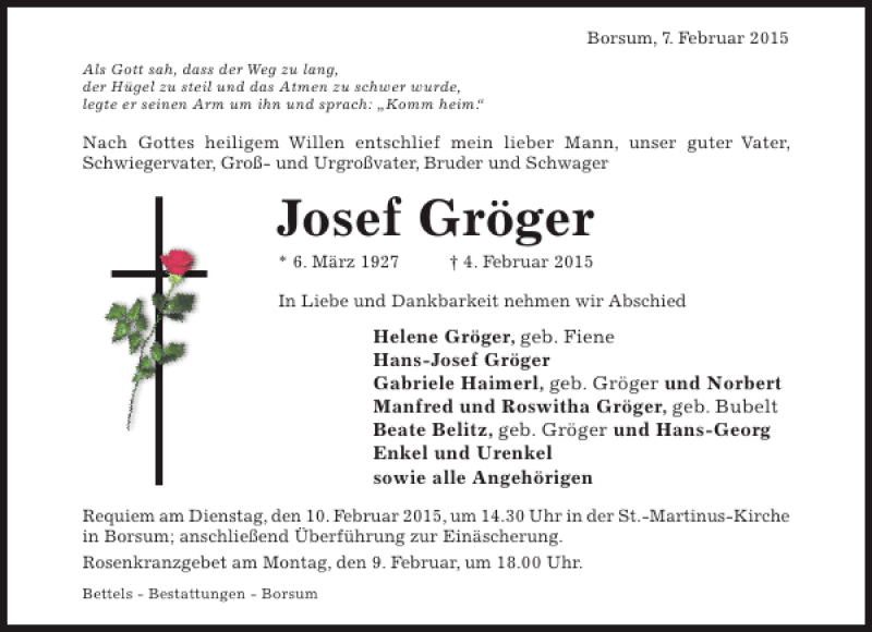  Traueranzeige für Josef Gröger vom 07.02.2015 aus Hildesheimer Allgemeine Zeitung
