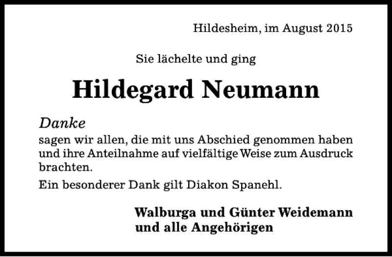 Traueranzeigen Von Hildegard Neumann Trauerportal Hildesheimer