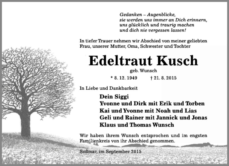  Traueranzeige für Edeltraut Kusch vom 05.09.2015 aus Hildesheimer Allgemeine Zeitung