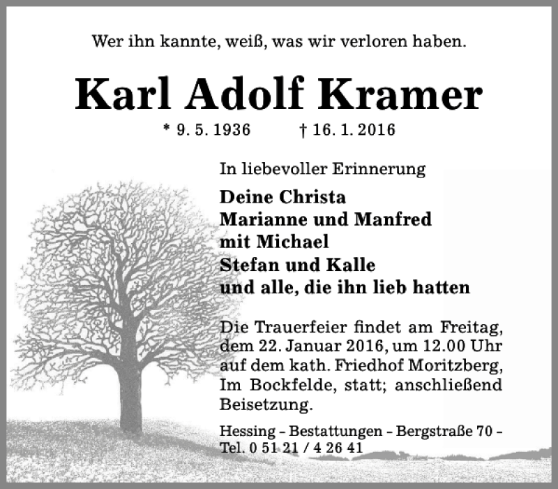 Traueranzeigen Von Karl Adolf Kramer Trauerportal Hildesheimer