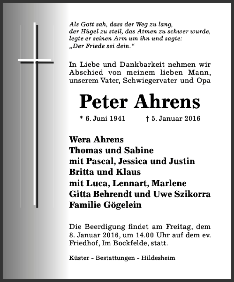 Traueranzeigen Von Peter Ahrens Trauerportal Hildesheimer Allgemeine