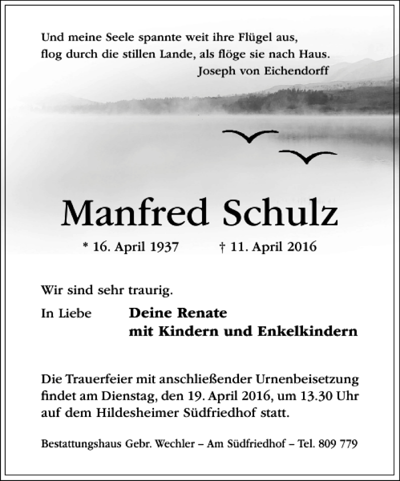  Traueranzeige für Manfred Schulz vom 16.04.2016 aus Hildesheimer Allgemeine Zeitung