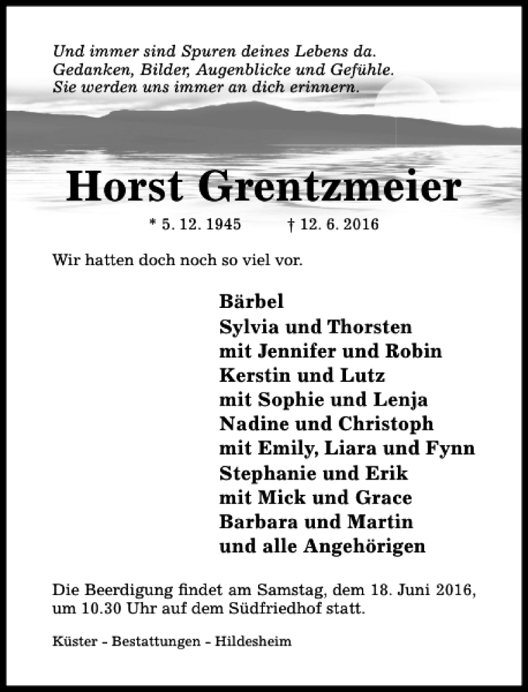  Traueranzeige für Horst Grentzmeier vom 15.06.2016 aus Hildesheimer Allgemeine Zeitung