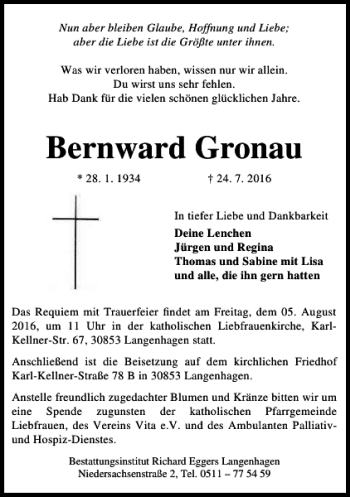 Traueranzeigen Von Bernward Gronau Trauerportal Hildesheimer