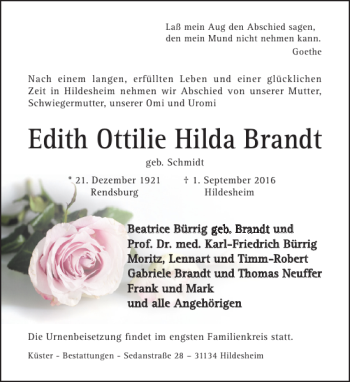 Traueranzeigen Von Edith Ottilie Hilda Brandt Trauerportal