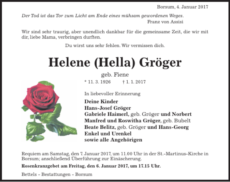  Traueranzeige für Helene Hella Gröger vom 04.01.2017 aus Hildesheimer Allgemeine Zeitung