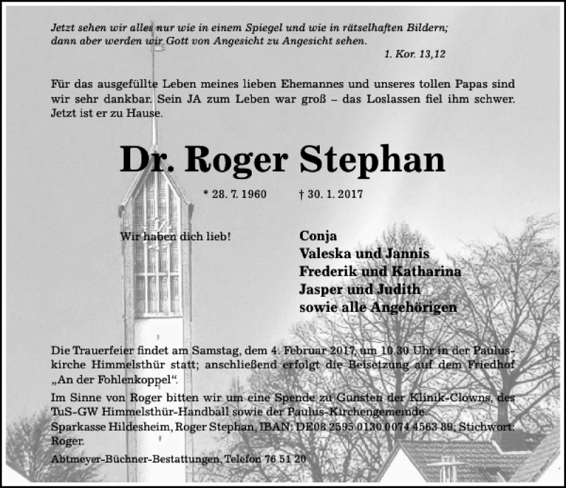  Traueranzeige für Dr. Roger Stephan vom 02.02.2017 aus Hildesheimer Allgemeine Zeitung