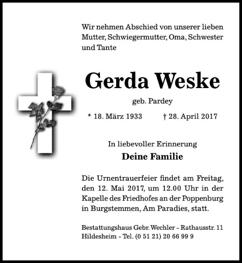  Traueranzeige für Gerda Weske vom 06.05.2017 aus Hildesheimer Allgemeine Zeitung