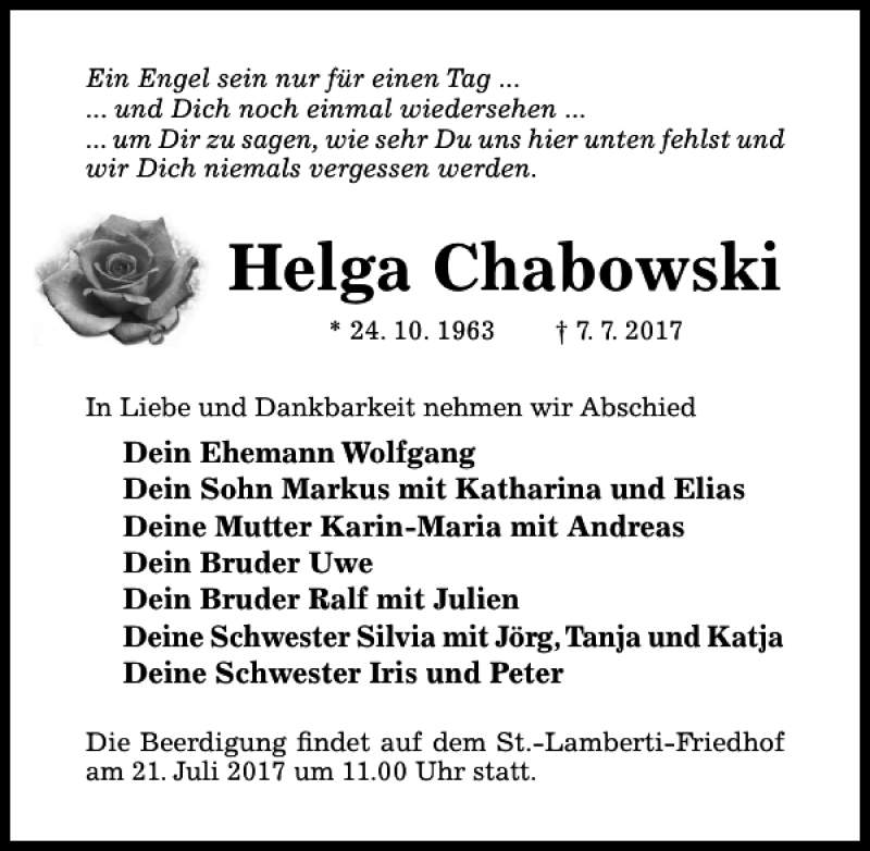  Traueranzeige für Helga Chabowski vom 15.07.2017 aus Hildesheimer Allgemeine Zeitung
