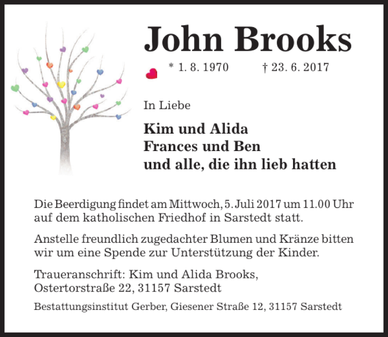  Traueranzeige für John Brooks vom 01.07.2017 aus Hildesheimer Allgemeine Zeitung