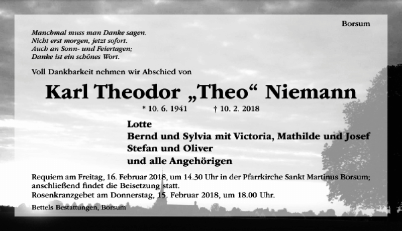 Traueranzeigen Von Karl Theodor Theo Niemann Trauerportal