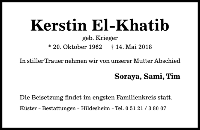  Traueranzeige für Kerstin El-Khatib vom 19.05.2018 aus Hildesheimer Allgemeine Zeitung