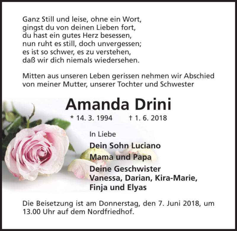  Traueranzeige für Amanda Drini vom 06.06.2018 aus Hildesheimer Allgemeine Zeitung