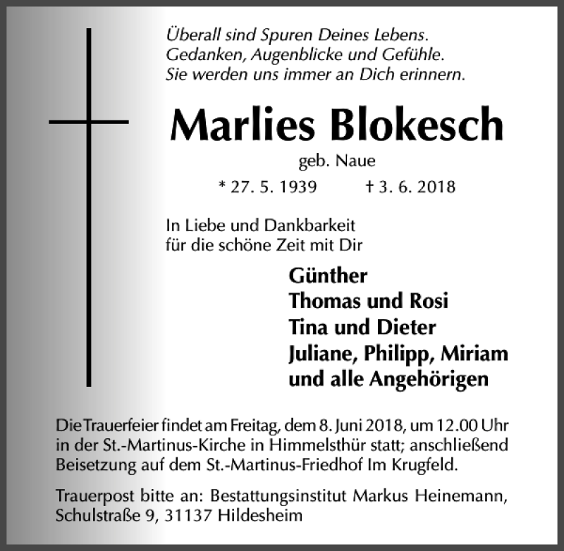  Traueranzeige für Marlies Blokesch vom 05.06.2018 aus Hildesheimer Allgemeine Zeitung