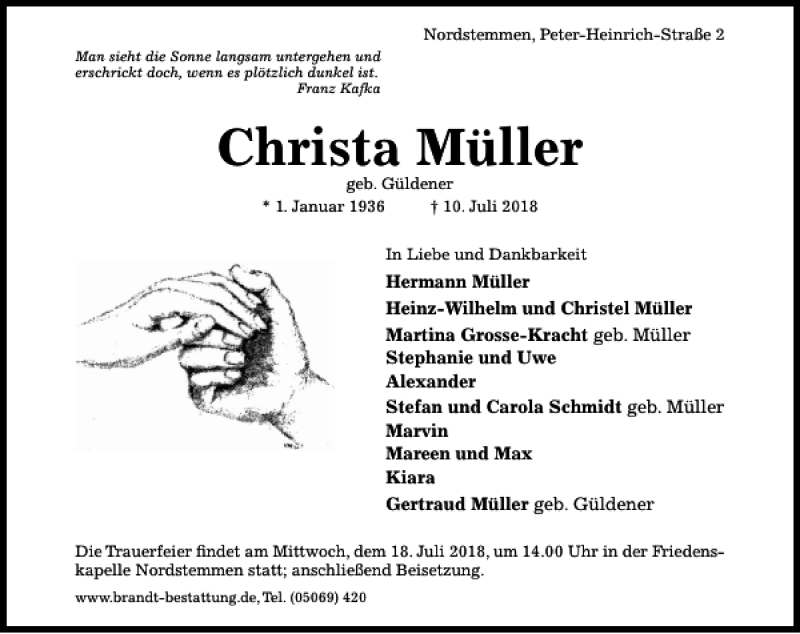 Traueranzeigen von Christa Müller Trauerportal Hildesheimer