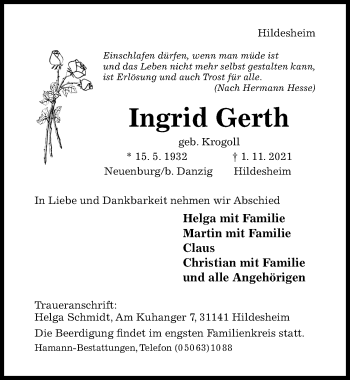 Traueranzeigen Von Ingrid Gerth Trauerportal Hildesheimer Allgemeine