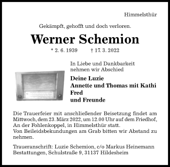 Traueranzeigen Von Werner Schemion Trauerportal Hildesheimer