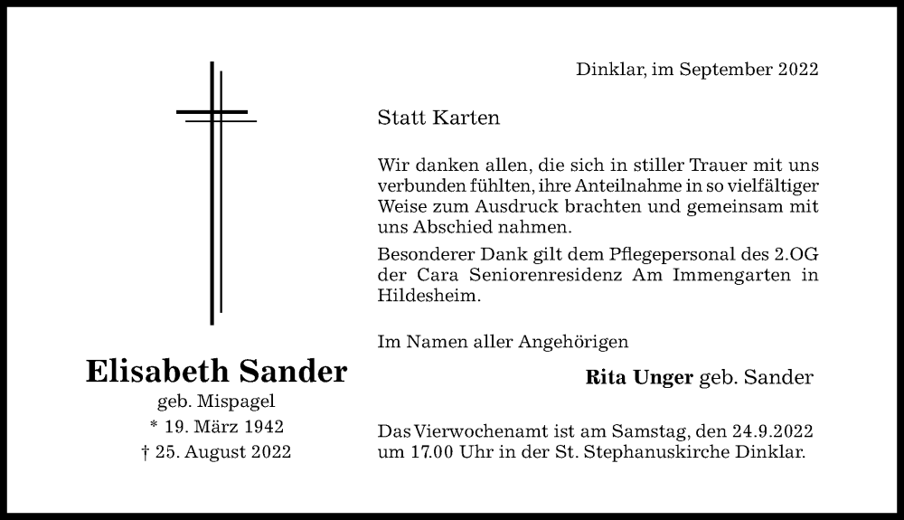 Traueranzeigen Von Elisabeth Sander Trauerportal Hildesheimer