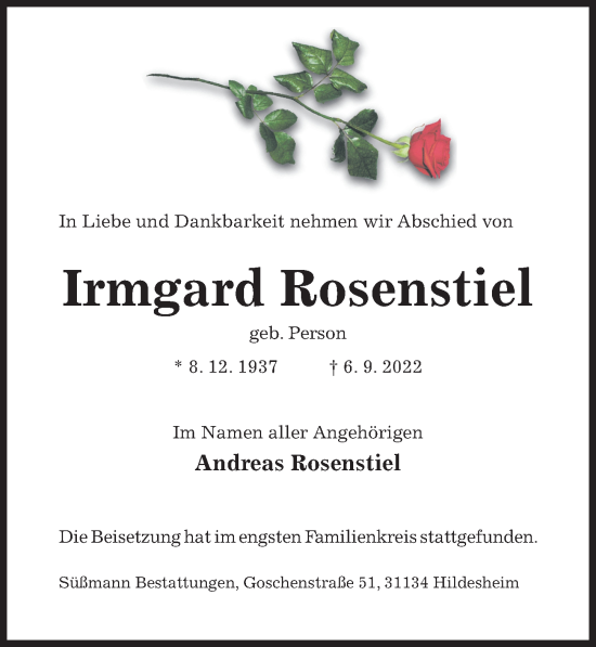 Traueranzeigen Von Irmgard Rosenstiel Trauerportal Hildesheimer