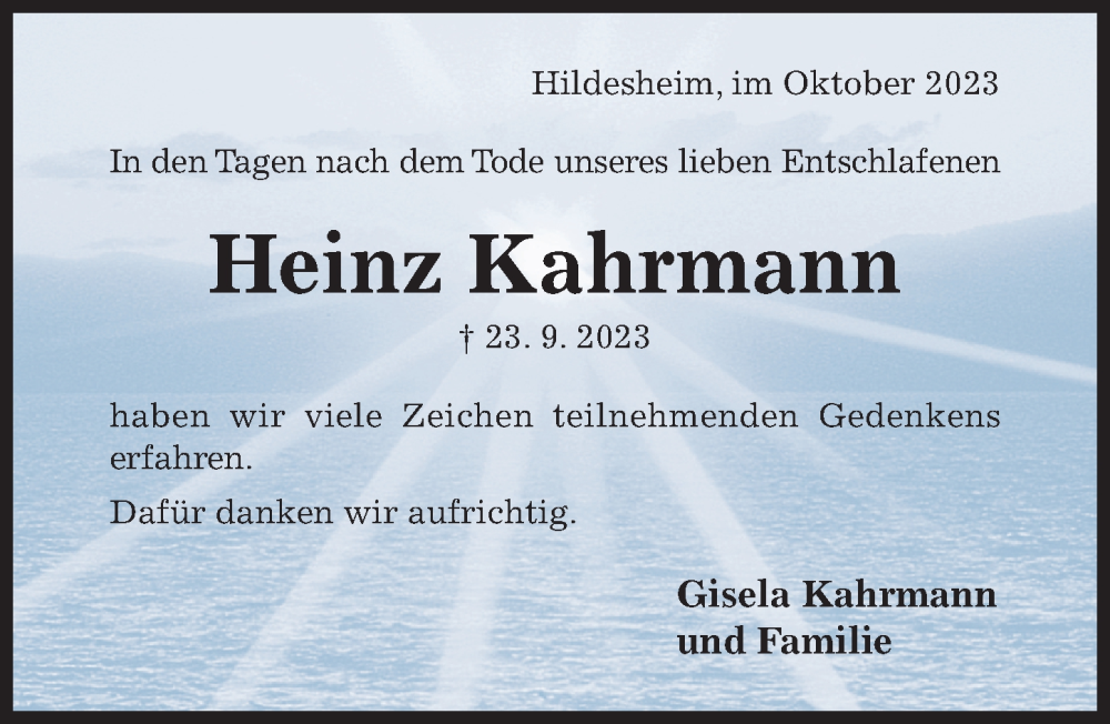 Traueranzeigen Von Heinz Kahrmann Trauerportal Hildesheimer