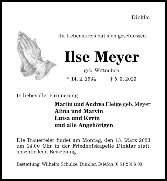 Traueranzeigen Von Ilse Meyer Trauerportal Hildesheimer Allgemeine