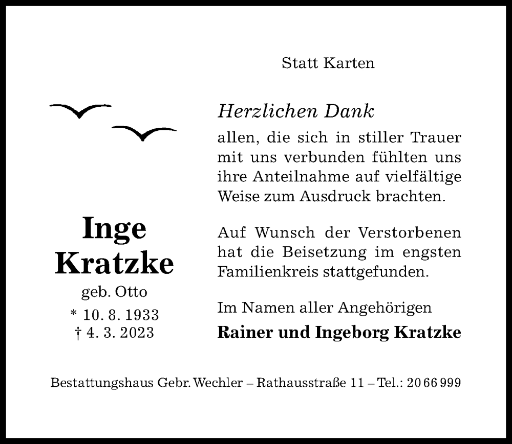 Traueranzeigen Von Inge Kratzke Trauerportal Hildesheimer Allgemeine