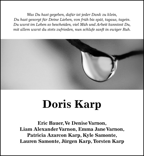 Traueranzeige von Doris Karp von Hildesheimer Allgemeine Zeitung