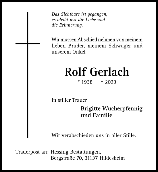 Traueranzeige von Rolf Gerlach von Hildesheimer Allgemeine Zeitung