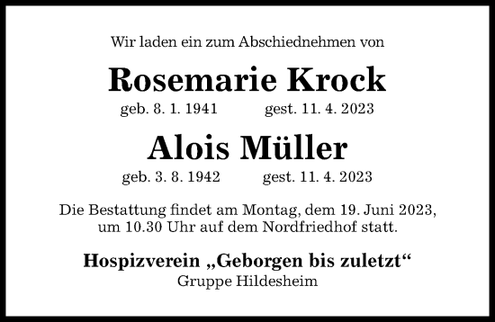 Traueranzeige von Rosemarie und Alois  Krock und Müller von Hildesheimer Allgemeine Zeitung