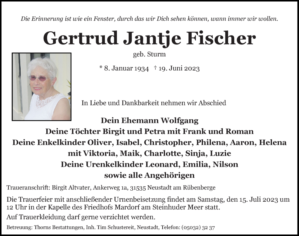 Traueranzeigen Von Gertrud Jantje Fischer Trauerportal Hildesheimer