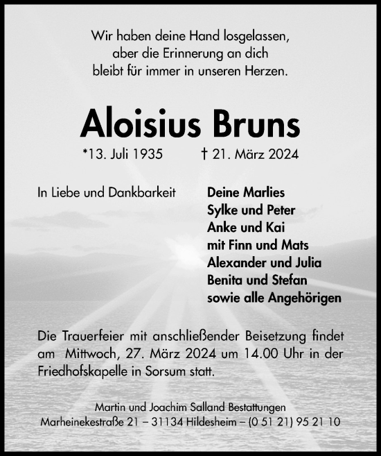 Traueranzeige von Aloisius Bruns von Hildesheimer Allgemeine Zeitung