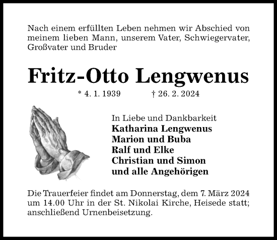 Traueranzeigen Von Fritz Otto Lengwenus Trauerportal Hildesheimer