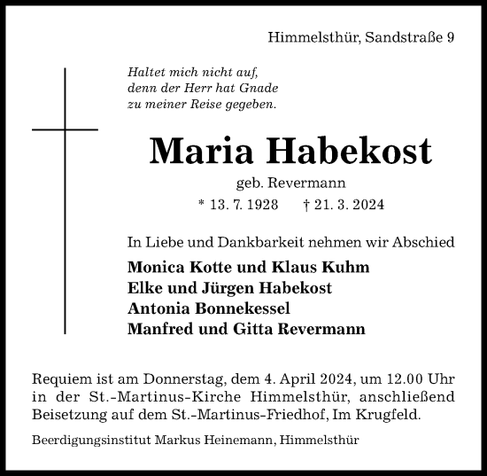 Traueranzeige von Maria Habekost von Hildesheimer Allgemeine Zeitung