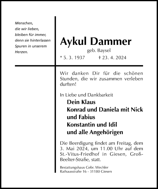 Traueranzeige von Aykul Dammer von Hildesheimer Allgemeine Zeitung