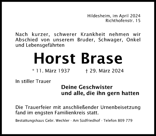 Traueranzeige von Horst Brase von Hildesheimer Allgemeine Zeitung