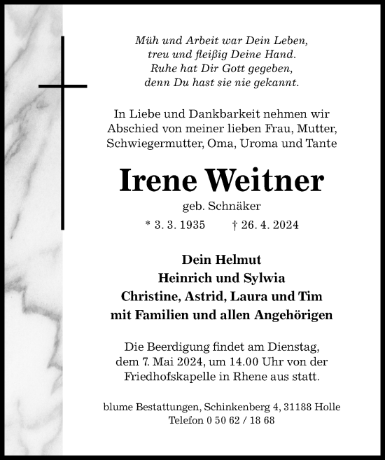 Traueranzeige von Irene Weitner von Hildesheimer Allgemeine Zeitung