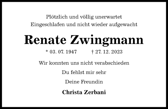 Traueranzeige von Renate Zwingmann von Hildesheimer Allgemeine Zeitung