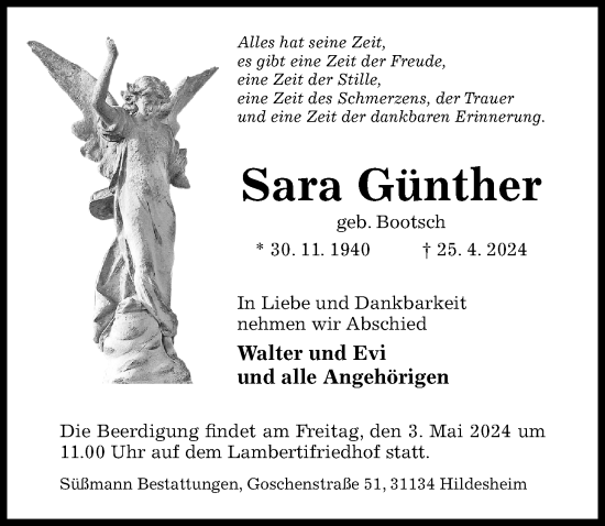 Traueranzeige von Sara Günther von Hildesheimer Allgemeine Zeitung