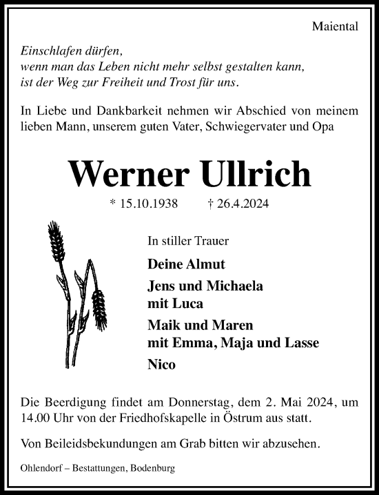 Traueranzeige von Werner Ullrich von Hildesheimer Allgemeine Zeitung