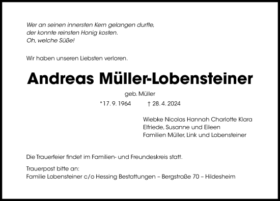 Traueranzeige von Andreas Müller-Lobensteiner von Hildesheimer Allgemeine Zeitung